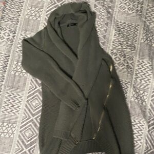 Grey Knit Cardigan with Gold Zipper Detail